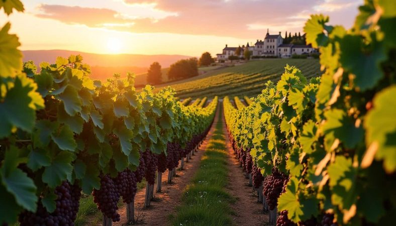 Panoramic view of a sun-drenched vineyard valley, the birthplace of premium french wine