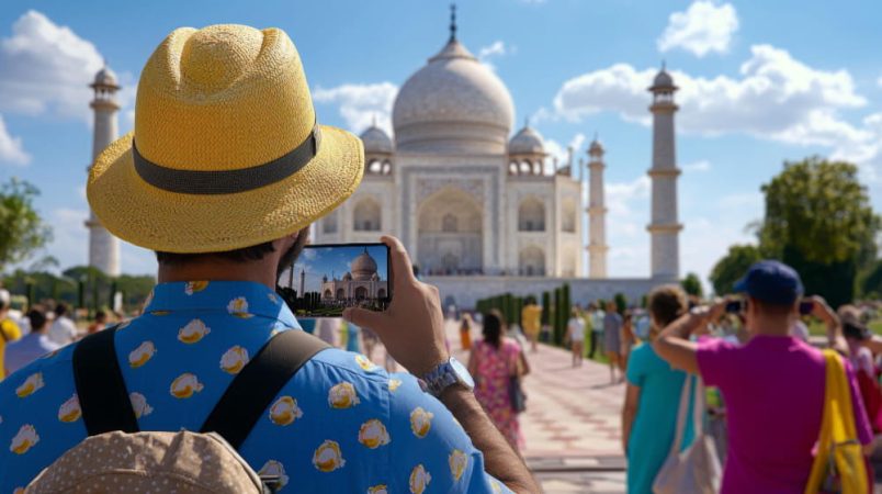 Traveler capturing a photo of the Taj Mahal on a smartphone during a sunny trip idia
