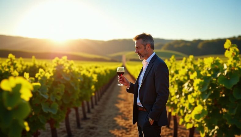 An elegant man in a suit holding a glass of french wine during sunset in a lush vineyard
