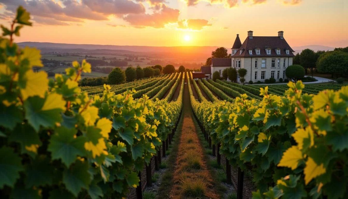 Close-up of ripening grapes in a vineyard with a traditional estate, ideal for french wine lovers