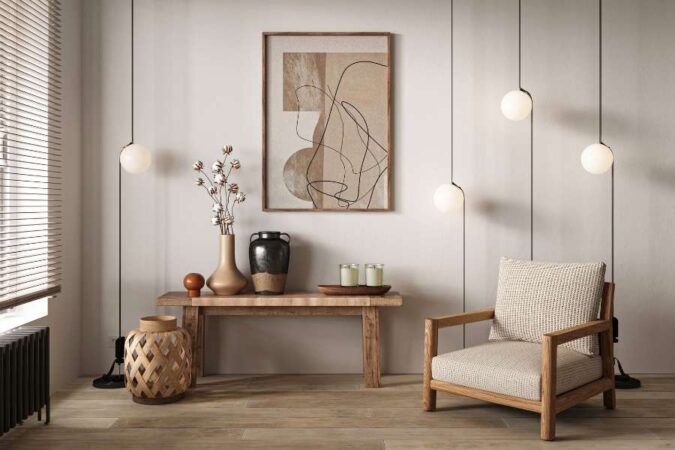 Modern minimalist living room interior with stylish globe wall lights and a wooden armchair.